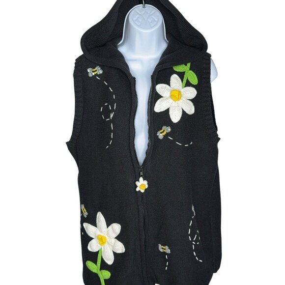 Quacker Factory Sweater Vest Daisy Bees Hooded Zip Up Embellished Embroidered Lg - Picture 9 of 11